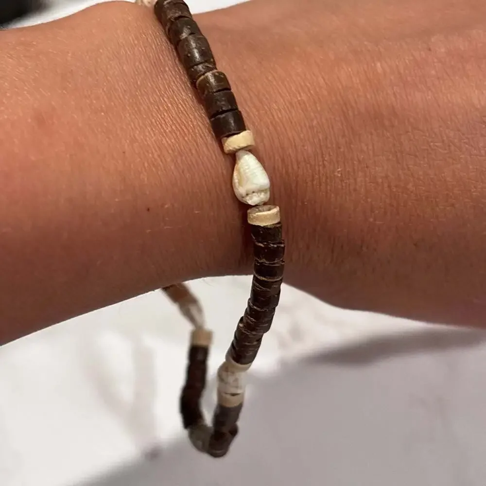 Unisex Surfer Style Brown Coconut Shell and Sea Shell Beaded Choker Necklace